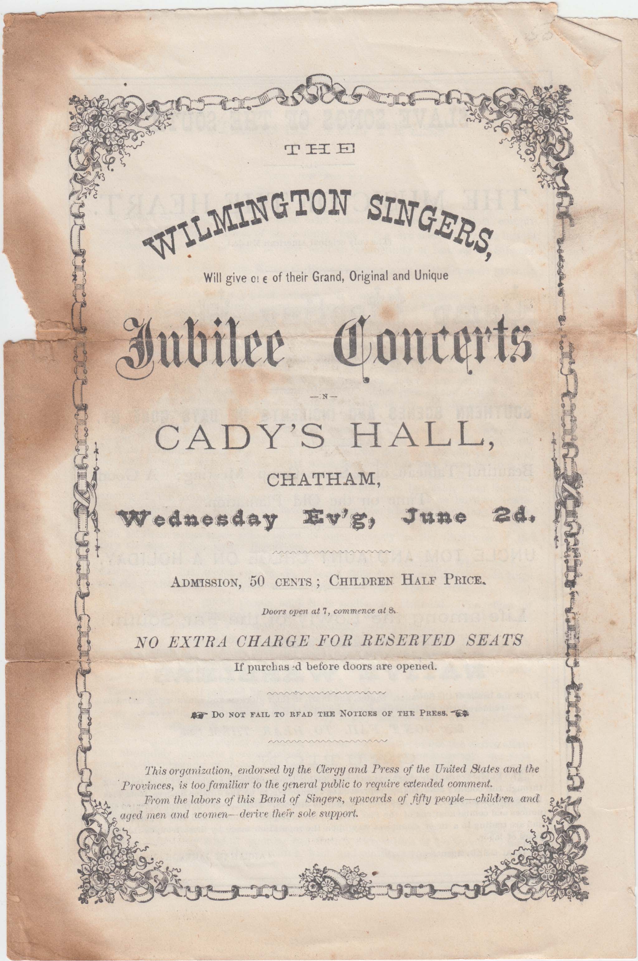 HBC009, 1875-06-02 Handbill, Jubilee Concerts at Cady's Hall